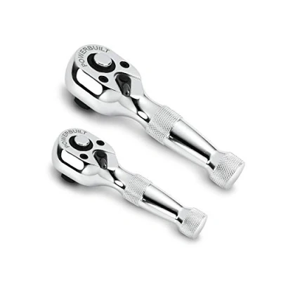 Image of Powerbuilt Stubby Ratchet Set, 2 Piece, 1/4 Inch and 3/4 Ratchets, Reversible 72 Tooth, Tight Spaces, Quick Release 640927