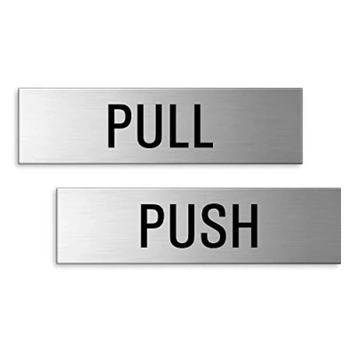 Image of Push Pull Signs Set of 2 150x40 mm Brushed Aluminum Stainless Look self adhesive No.28015 K