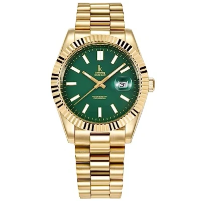 Image of Alienwork Watch Men Women Gold Stainless Steel Metal Strap Calendar Date Green Classic Elegant