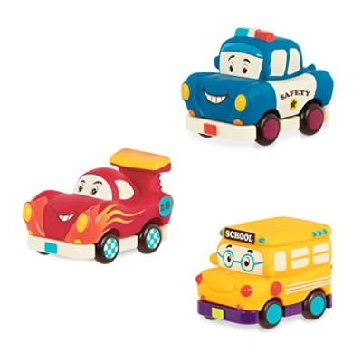 Image of B. Toys by Battat Mini Pull Back Vehicles Set, Bus &amp; Cars, 3Pc Hot Rod, School Bus, Police Car