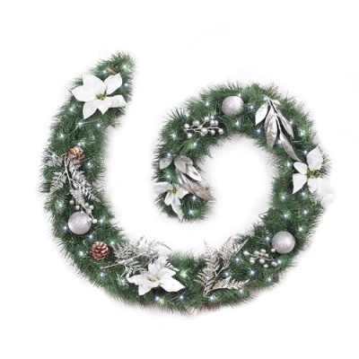 Image of Best Artificial White/Silver Decorated Christmas Garland with 50 Bright White LED Battery Lights (6ft Garland)