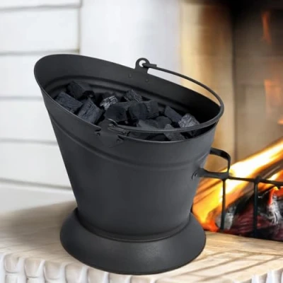 Image of HomeZone Black COAL Bucket Fireside Accessories Kindling, Log, &amp; Fuel Storage Scuttle Indoor Homeware (BLACK BUCKET)