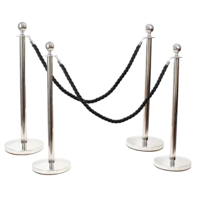 Image of 4 Chrome Red Carpet Stanchion Rope Barriers Pole Safety With 2 Black Braided Ropes