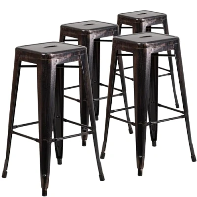 Image of Flash Furniture Lily 4 Pack Commercial Grade 30&quot; High Backless Black Antique Gold Metal Indoor Outdoor Barstool with Square Seat
