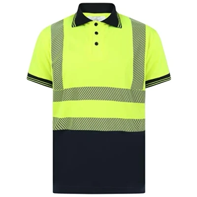 Image of Aztec High Vis Visibility Short Sleeve Polo Neck T Shirt Hi Shirts Viz Safety Work Reflective Tape Top (Yellow/Navy 2X Large)