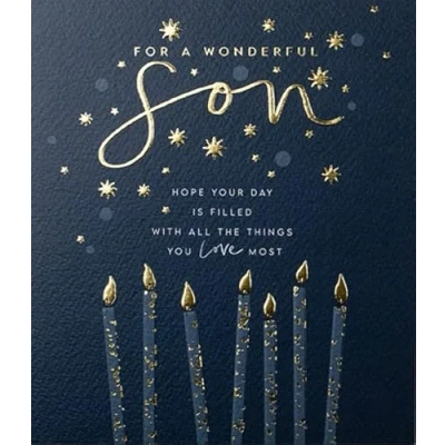 Image of Paperlink Wonderful Son Male Birthday Card for Men/Boys Candles &amp; Stars with Embossed Gold Foil Eco Friendly Recyclable Made in England