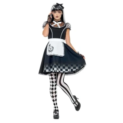 Image of Smiffys Gothic Alice Costume, Black with Dress, Apron &amp; Headband, Halloween Twisted Fairytale Fancy Dress Up Costumes