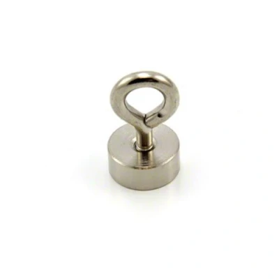 Image of 19mm dia Neodymium Clamping Magnet with M5 Eyebolt for Hanging, Holding or Displaying Items 17kg Pull Pack of 4