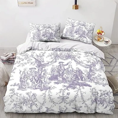 Image of LENTLY Motif of Toile De Jouy 3D Printed Bedding Set with Pillowcase,Duvet Cover Zipper Closure,Soft Microfiber Quilt Double（200x200cm）