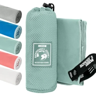 Image of Backpacker&#039;s Journey Microfibre Travel Towel Sets Quick Dry, Lightweight, Ultra Absorbent &amp; Antibacterial Beach, Camping, Gym Swim Sizes S to XL with Mesh Bag