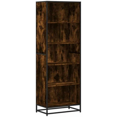 Image of vidaXL Smoked Oak Engineered Wood Bookcase Metal Frame Book Rack with 5 Open Shelves for Living Room, Office, Bedroom