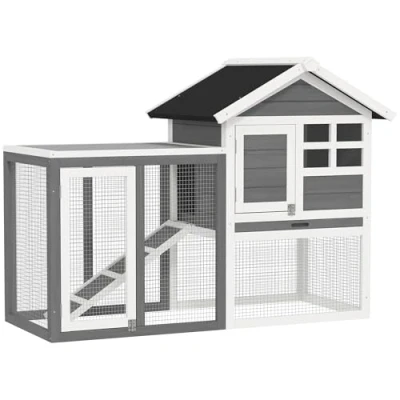 Image of PawHut Rabbit Hutch Outdoor Wooden Guinea Pig Run Bunny Cage Small Animal House Pull Out Tray, Grey, 122 x 62.6 92 cm