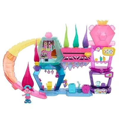 Image of Mattel Trolls Band Together Toys, Mount Rageous Playset with Queen Poppy Small Doll &amp; 25+ Accessories, 4 Hair Pops, HNV37