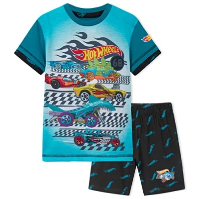 Image of Hot Wheels Boys Pyjamas for Kids 2 Piece Summer Nightwear Short PJs Breathable Lounge Wear Age 3 8 Official Merchandise Gifts (Blue/Black, 4 5 Years)