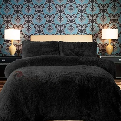 Image of Comfort Collections Fleece Duvet Quilt Cover Teddy Bedding Set With Matching Pillowcase Warm and Cosy Black Single 135cm x 200cm Approximate