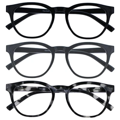 Image of OPULIZE Blu Blue Light Blocking Glasses 3 Pack Cool Round Frame Spring Hinges Improve Sleep Computer Gaming Anti Reflective Black Grey Tortoise Mens Womens BBB5 17W +0.00