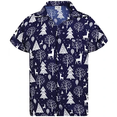 Image of King Kameha Men Christmas Santa Claus Office Party Short Sleeve Button Down Shirts, Reindeer Allover, Blue, XXL