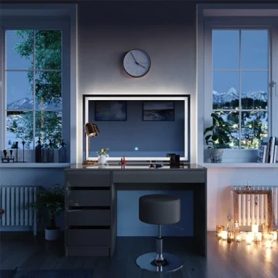 Image of Vicco Vanity table Sherry, High gloss grey, 120 cm with LED mirror and stool
