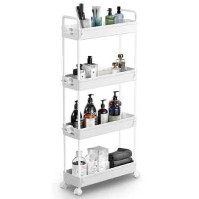 Image of SOLEJAZZ 4 Tier Storage Trolley Cart Slide out Slim Rolling Utility Mobile Shelving Organizer for Kitchen, Bathroom, Laundry Room, Bedroom, Narrow Places, Plastic, White