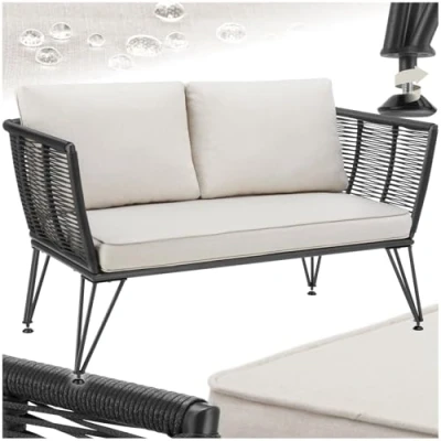 Image of TecTake® Garden Sofa in Rope Design, 2 Seater with Thick Seat &amp; Back Cushions, Weather Resistant Polyrattan, Durable Steel Frame Water Repellent Covers, Ideal Lounge for Patio