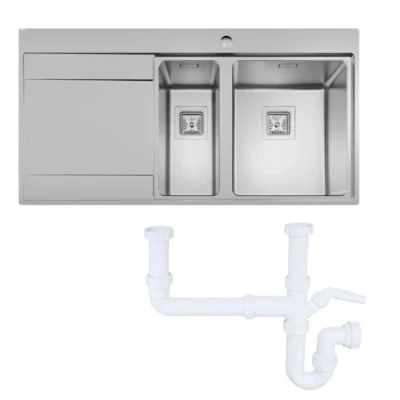 Image of Sauber 1000 x 520mm Stainless Steel Kitchen Sink 1.5 Bowl Inset Drop in Installation, Left Hand Drainer, 18/8 Grade Sinks with Waste Pipe Kit &amp; Free Basket Strainer
