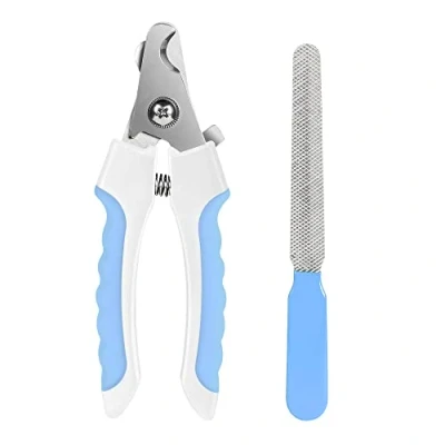 Image of KTHZI Dog Nails Clippers Trimmer with Safety Guard to Avoid Over Cutting, Razor Sharp Blades Bonus Nail File, Cat Claw Sturdy Non Slip Handles for Pets Cat（Blue &amp; White）