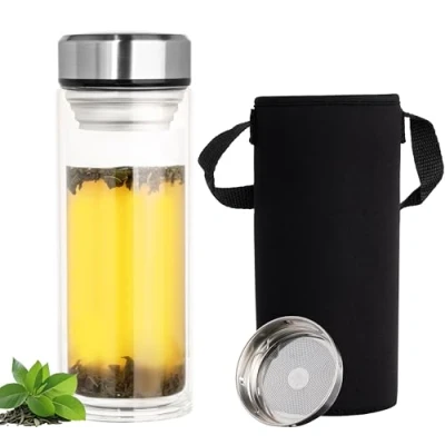 Image of BELLE VOUS Double Wall Glass Tea Infuser Bottle 900ml Borosilicate Water with Strainer &amp; Cover Travel Tumbler for Hot/Cold Brew Loose Leaf