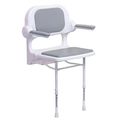 Image of AKW Wall Mounted Fold up Shower Seat for Elderly, Padded &amp; Armrests, Height Adjustable Grey