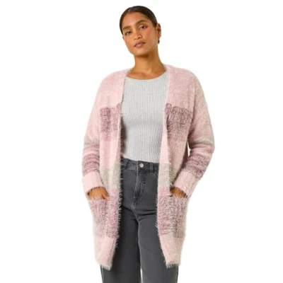 Image of Roman Originals Women Fluffy Cardigan Ladies Winter Cardi Longline Edge to Ombre Coatigan Casual Sparkly Glittery Jacket Knitwear Knitted Autumn Fleecy Cosy Soft Coats Pink Multi Size 20