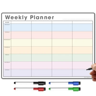 Image of TMS Magnetic Weekly Planner and Organiser A3 Fully Customisable Whiteboard for Family or Business Tasks Meal Planning with 4 Free Dry Wipe Pen (Multi Coloured, A3)