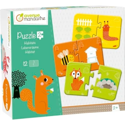 Image of Avenue Mandarine Ref JE511C Puzzle Box 12 x 2 Piece Puzzles Learn Animal Habitats 8 12cm When Assembled, Thick Cardboard Pieces, Suitable for Ages 2+