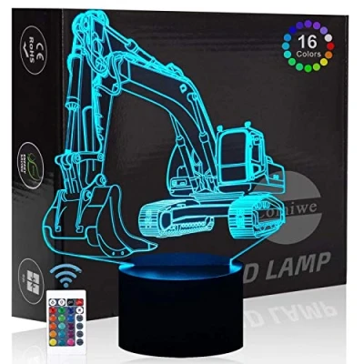Image of Comiwe Excavator 3D Illusion Night Light Toys,16 Colours Change Smart Touch &amp; Remote Control,Home Decor LED Bedside Table Desk Lamp,Christmas Birthday Gift for Girls Boys Kids Adults Friends Family