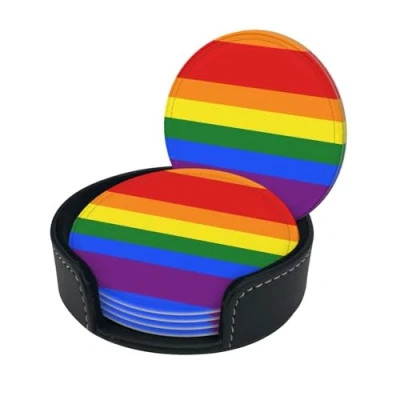 Image of Rainbow Print Round Leather Coasters Set Of 6, Ultra Fiber Pu