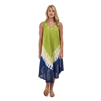 Image of Magritta Women Ladies Plus Size Sleeveless Dress Dual Tone Tie Dye Printed Beach Summer Sundress for UK 12 to 24 Floral Design (One (UK 24), Lime Green)