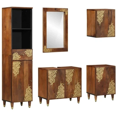 Image of Vidaxl 5 Piece Bathroom Furniture Set Solid Rough Wood Mango