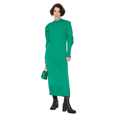 Image of Trendyol Women&#039;s Woman Modest Regular Standard Standing Collar Knitwear Dress, Green, L