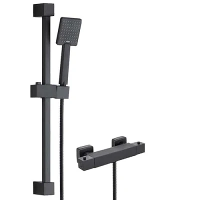 Image of Matt Black Thermostatic Square Bar Mixer Shower Valve + Riser Rail Head Hose