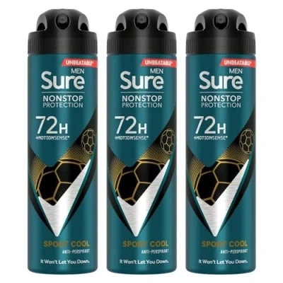 Image of Sure Antiperspirant 72H Nonstop Sweat and Odour Protection Alcohol Free Body Spray Anti White Marks with Fresh Sporty Scent Multi Fragrance Deodorant for Men, 150ml Pack of 3 (Sport Cool)