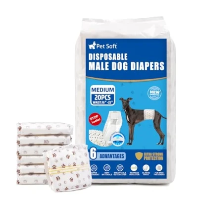 Image of Pet Soft Dog Nappies Male 20 Counts Disposable Wraps, Super Absorbent Puppy Diapers Incontinence Nappy Wraps with Wetness Indicator (M Count)