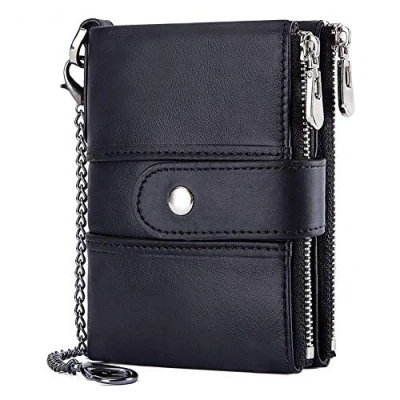 Image of Mens Wallet RFID Blocking Soft Genuine Leather Gents with Chain, Double Zipper Men Wallets Coin Pocket Small Bifold 16 Card Holder (Black)