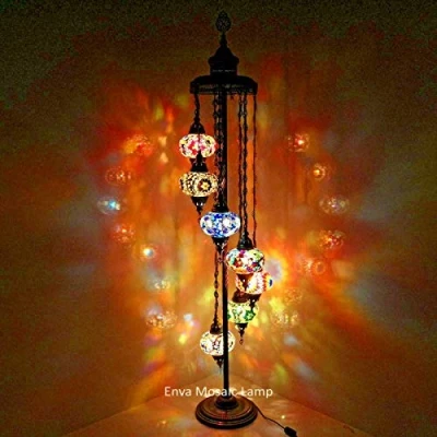 Image of ENVA Turkish Moroccan Glass Mosaic Floor Lamp Light, Handmade Multicolour Tiffany Light 7 Large Globe with LED Bulb