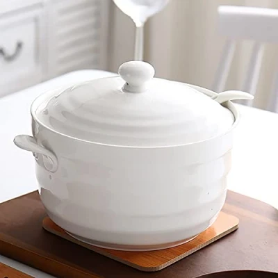 Image of Double Handle Lid Pure White Ceramic Tureen Soup Round Dish Casserole/Clay Pot/Earthen Pot/Ceramic Cookware with Heat Resistant,2200ML
