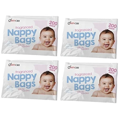 Image of DIVCHI Baby Disposable Diaper Sacks Bags Dispenser Antibacterial Power Scented Nappy Disposal Easy Tie for Travel 4 x 200 Pack (800 in Total)