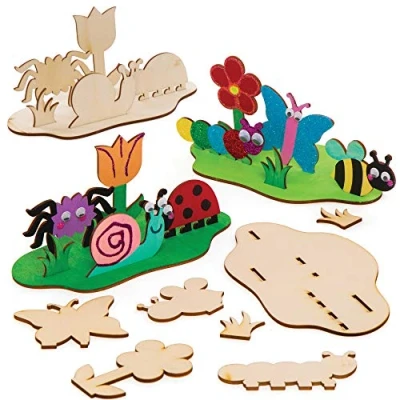 Image of Baker Ross AT623 Wooden Bug Scene Kits Pack of 4, Woodcrafts for Kids to Design, Paint, Decorate and then Use