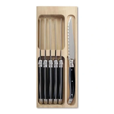 Image of Laguiole 6 x Steak Knifes Black Colour Set In wooden Tray Made France