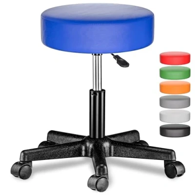 Image of CASARIA® 35cm Blue Rolling Stool with Wheels Height Adjustable 360 Rotatable Padded Swivel Roll Chair Double Castors Comfortable Upholstered Seating Office Workshop Salon