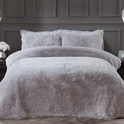 Image of Sleepdown Fleece Luxury Long Pile Faux Fur Silver Super Soft Easy Care Duvet Cover Quilt Bedding Set with Pillowcases, Polyester Double (200cm x 200cm)