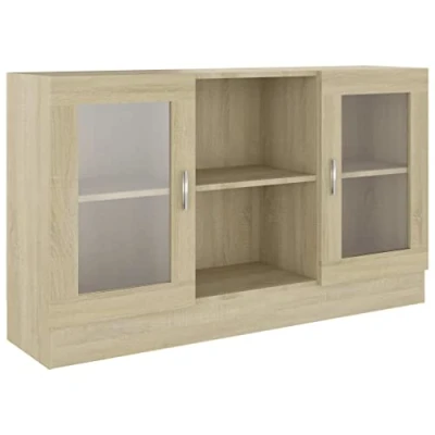 Image of vidaXL Engineered Wood Vitrine Cabinet Sonoma Oak Sideboard Featuring Two Door Compartment Low Maintenance Cleaning Tabletop For Displays Living Room, Bedroom, Office