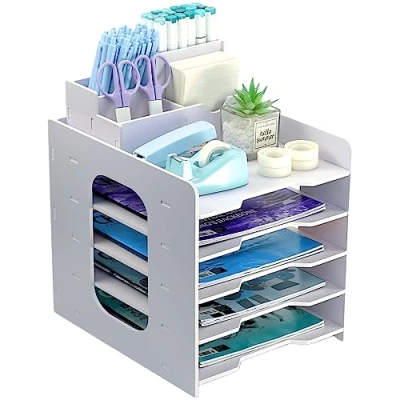 Image of 5 Tier Letter Tray, Wooden Filing Tray for Office Desk, Desk Organiser With Pen Holder, Paper Folder Wood, Tidy Organizer A4, File Document Holder Home School
