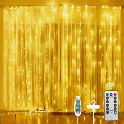 Image of Aomig Curtain Lights, 3m x 300 LED Fairy Lights 8 Modes String Waterproof Window USB Powered for Indoor Outdoor Bedroom Wedding Party Garden (Warm White) …